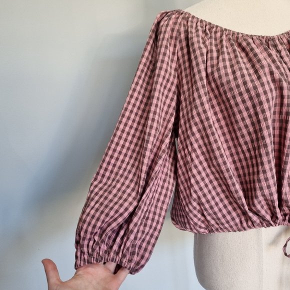 Ebby and I Pink & Brown Gingham Oversize Balloon Sleeve Top Size 10 - Picture 5 of 7